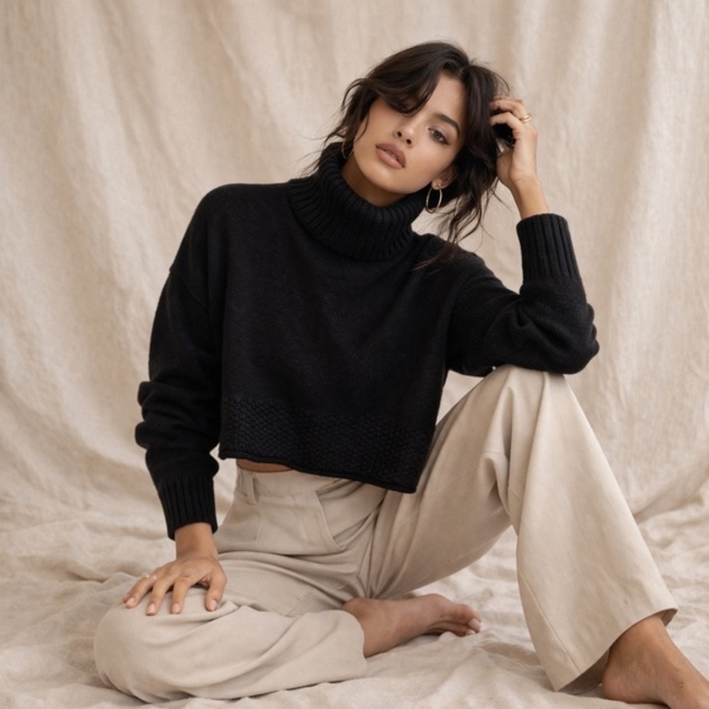 Madewell Black Merino Wool Blend Cropped Turtleneck Sweater Size XS Cozy